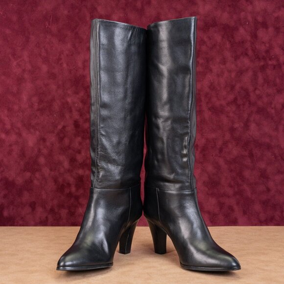 Jeffrey Campbell Women Black Leather Pointy Slip-on Heel Knee High Boots sz 8 - Picture 3 of 10